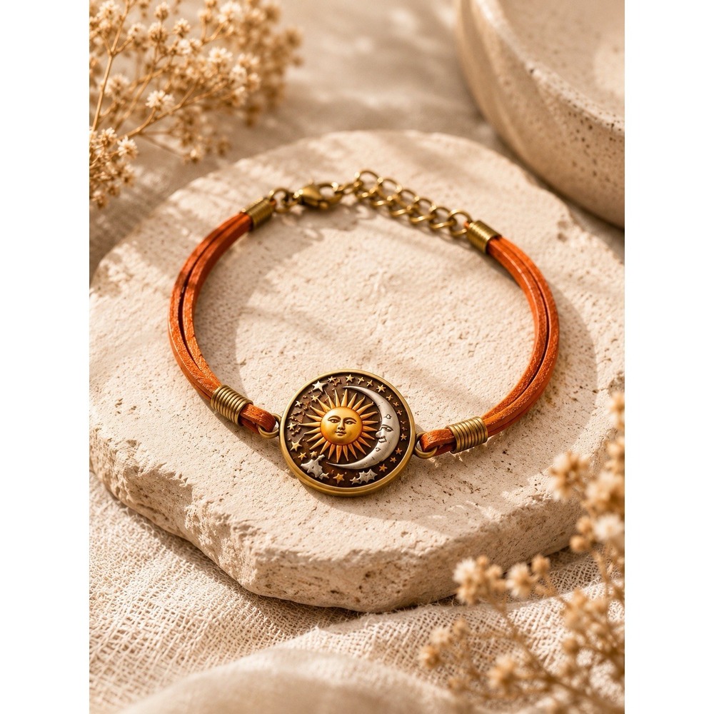 Sun Moon Celestial Bracelet Boho‎ Faux Leather Vintage Inspired